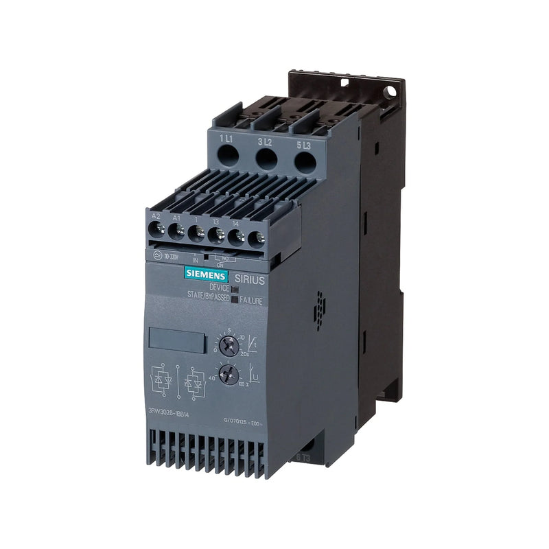Siemens 3RW3027-1BB04 SIRIUS soft starter, 12.5A, 3-phase 200–480V AC, 24V AC/DC control voltage, compact motor starter for automation systems.