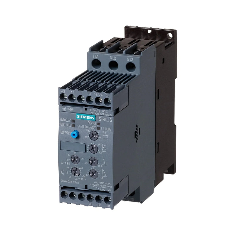 Siemens 3RW4024-1BB14 SIRIUS soft starter, 32A, 3-phase, 200–480V AC, 24V AC/DC control, integrated bypass, compact motor controller.