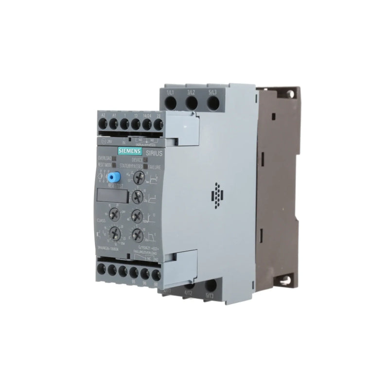 Siemens 3RW4026-1BB04 soft starter, 15kW, 400V, 24V DC control, integrated bypass, S2, for 3-phase motors.