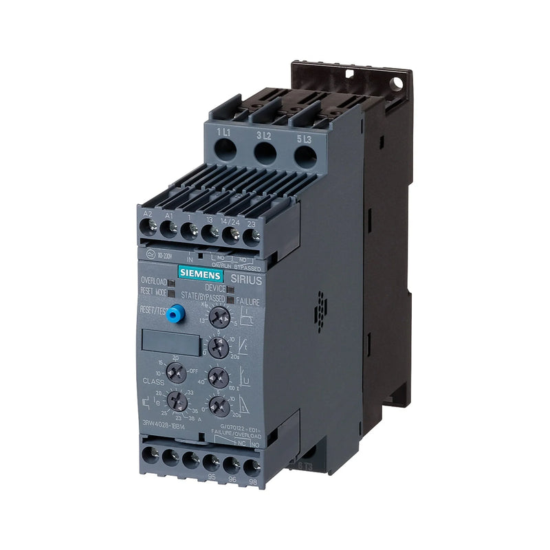 Siemens 3RW4028-1BB04 soft starter, 110A, 55 kW @ 400V, 24V AC/DC control, 3-phase, Size S6, IP20, screw terminals for industrial motor applications.
