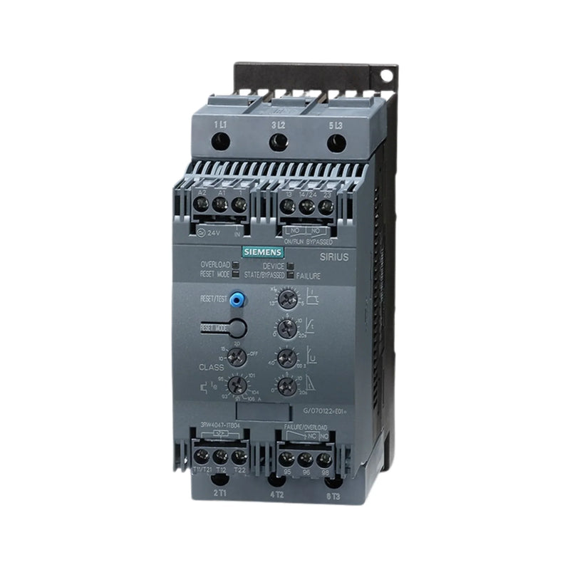 Siemens 3RW4036-1BB04 soft starter, 36A, 18.5 kW, 24V AC/DC control, size S2, IP20, with integrated bypass for industrial motor applications.