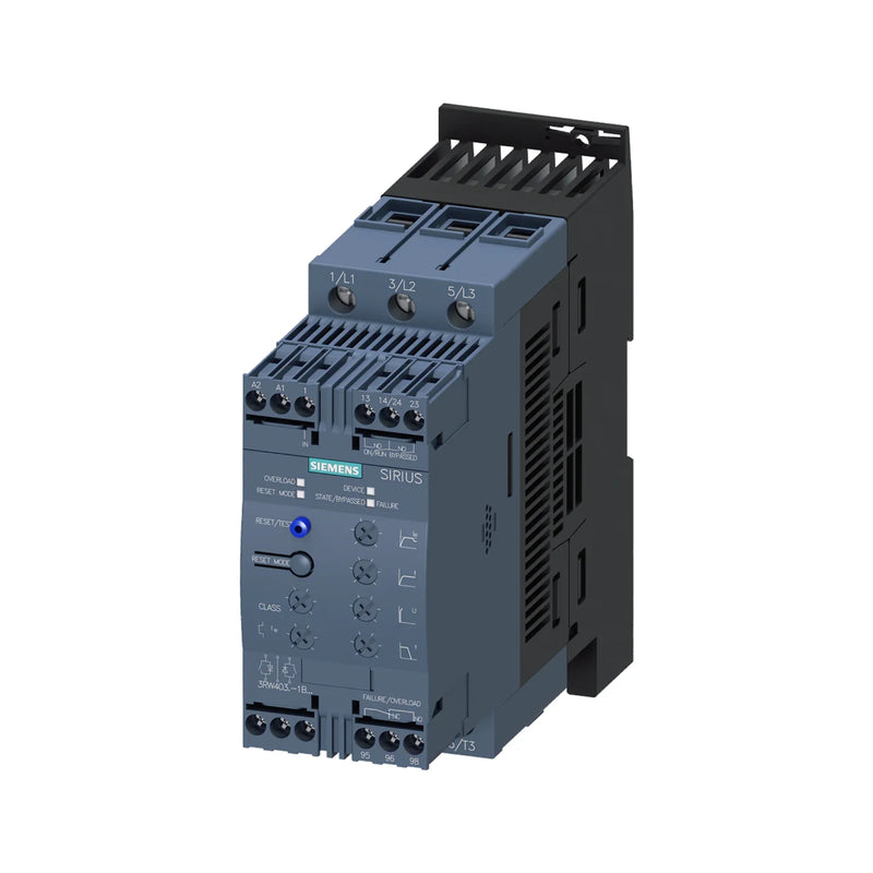 Siemens 3RW4037-1BB04 soft starter, 18.5kW motor starter, 24V AC/DC control, 38A, SIRIUS 3RW40, 3-phase, industrial automation.