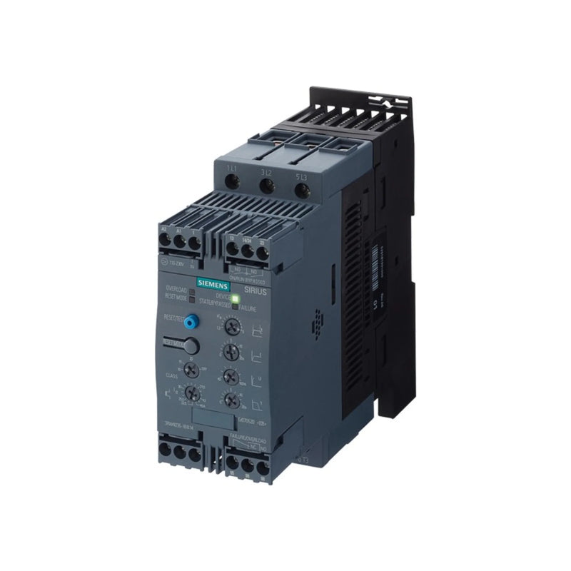 Siemens 3RW4046-1BB14 SIRIUS soft starter, 63A, 3-phase 200–480V AC, 24V AC/DC control, compact industrial motor starter with bypass.