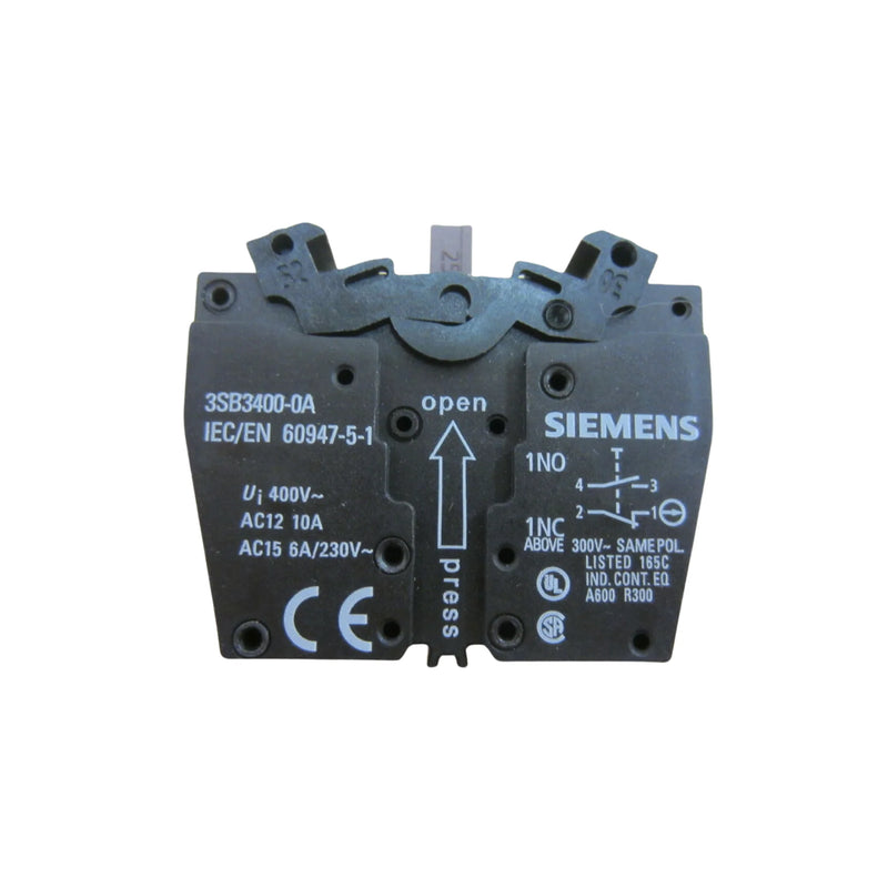 Siemens 3SB3400-0A contact block, 1 NO + 1 NC, screw terminals, 22 mm front mounting, 10 A, 400 V AC, IP40 enclosure.