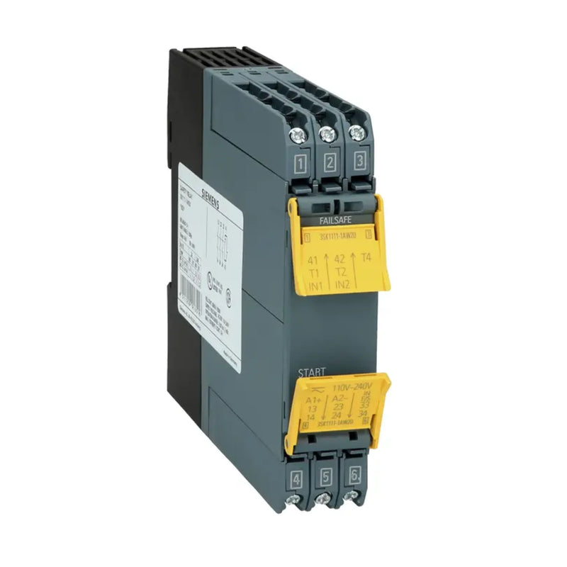 Siemens 3SK1111-1AW20 SIRIUS safety relay, 24V DC, 3 NO + 1 NC, Category 4 / PL e, screw terminals, compact DIN rail mount, for emergency stop and safety inputs.