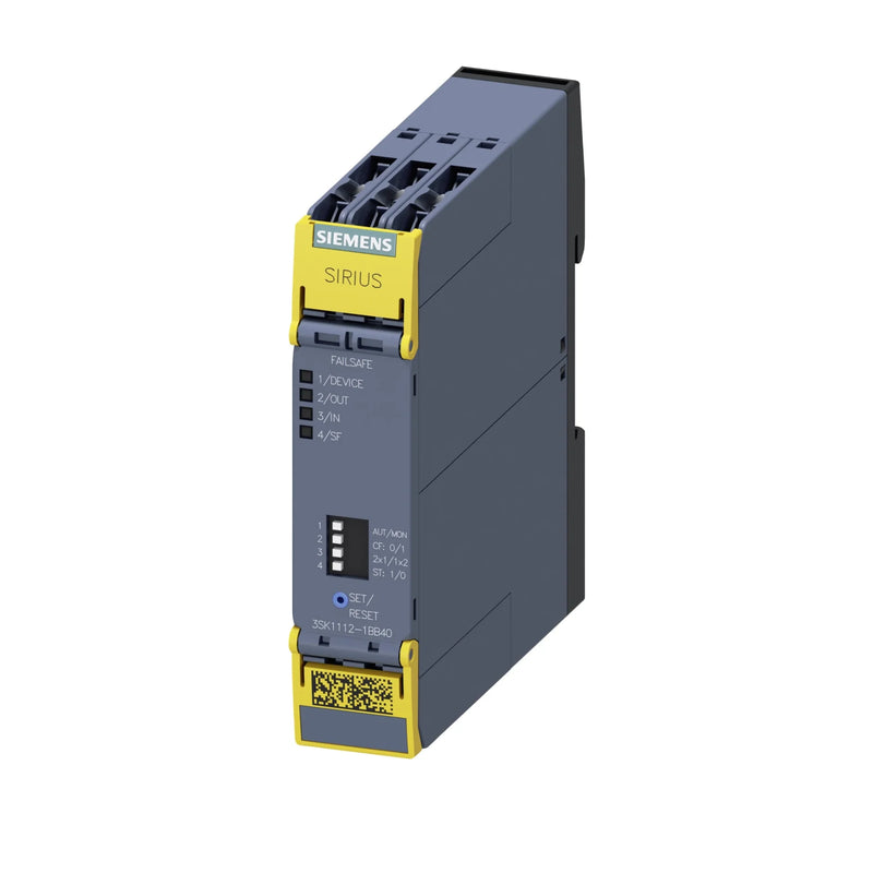 Siemens 3SK1112-1BB40 safety relay, 24V DC, 3 NO + 1 NC contacts, screw terminals, SIL 3, PL e, for emergency stop and machine safety.