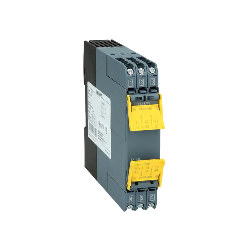 Siemens 3SK1211-1BB40 safety relay, 24V DC, 3NO + 1NC, basic unit, screw terminals, 22.5 mm, SIL 3 / PL e certified, for industrial safety control.
