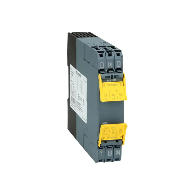Siemens 3SK1211-2BB40 SIRIUS safety relay output expansion module, 4 NO + 1 NC contacts, 24V DC, spring terminals, DIN rail mount.