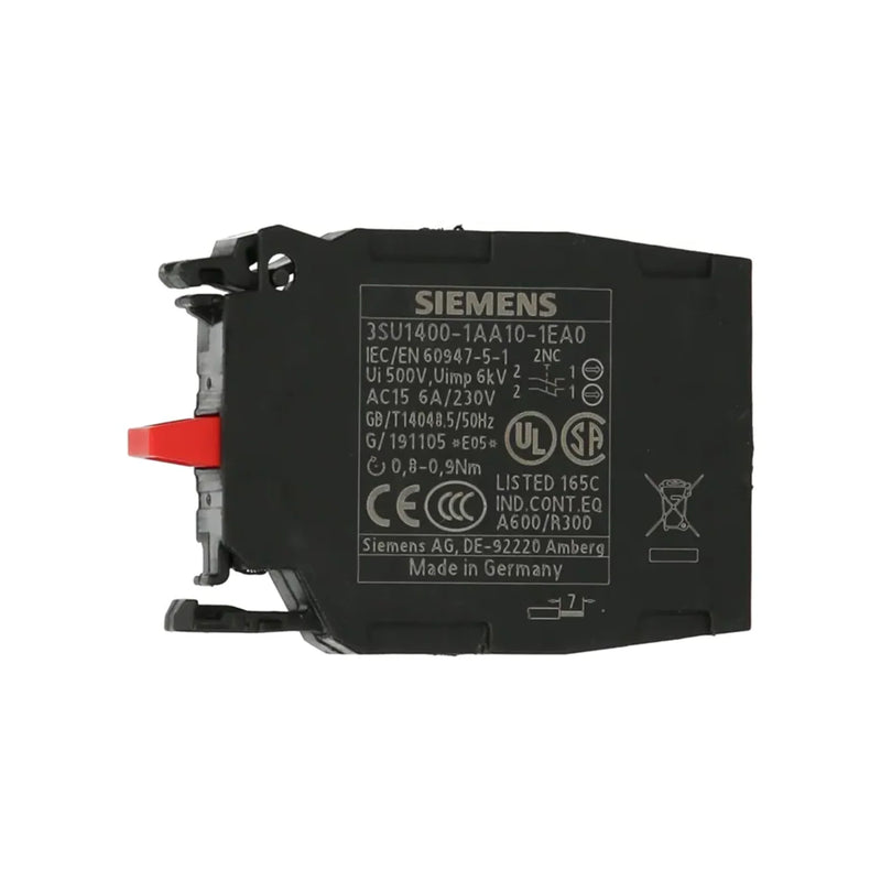 Siemens 3SU1400-1AA10-1EA0 1 NO contact module, spring terminal, snap-on rear mount, for 22mm SIRIUS ACT actuators in industrial control panels.