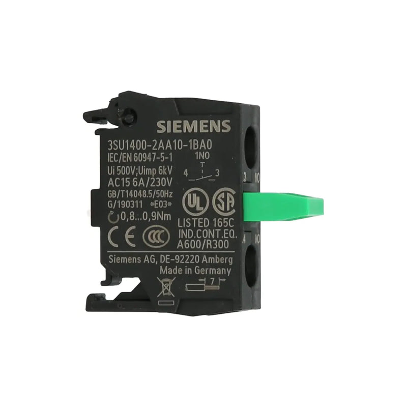 Siemens 3SU1400-2AA10-1BA0 illuminated pushbutton, 22mm, green, flat, 24V DC LED, momentary action, IP66/IP69K, for industrial control panels.