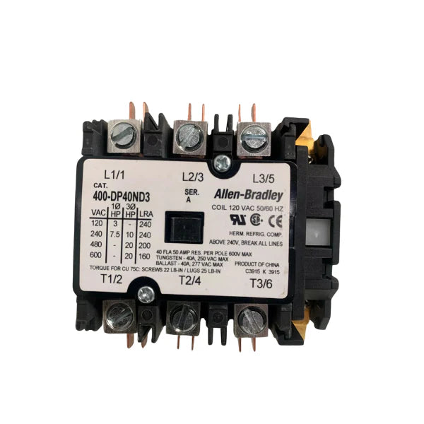 Allen-Bradley 400-DP40ND3 lighting contactor, 40A, 3-pole, 24V DC coil, normally open, open type.
