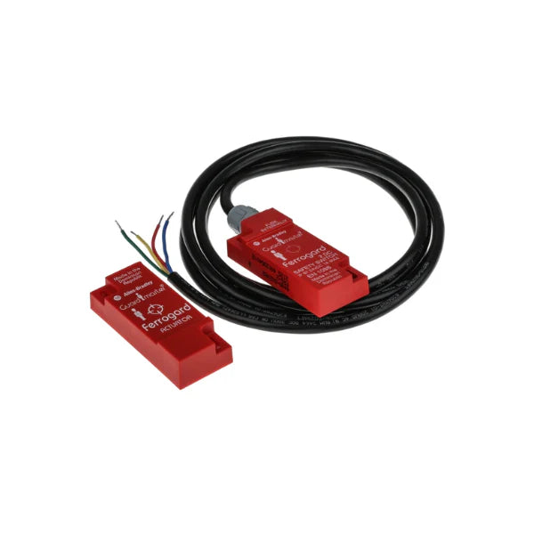 Guardmaster Ferrogard 21 non-contact safety interlock switch with 2NC/1NO contacts, IP67 rating, and 2m cable.