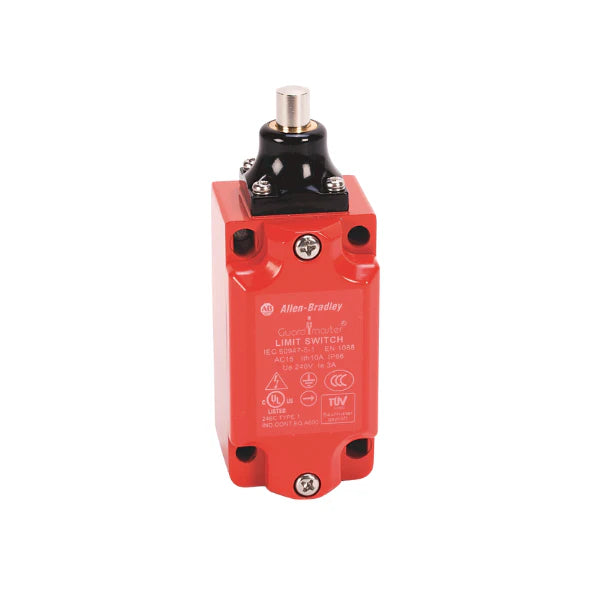 Guardmaster safety limit switch with 30 mm metal dome plunger and snap action contacts.