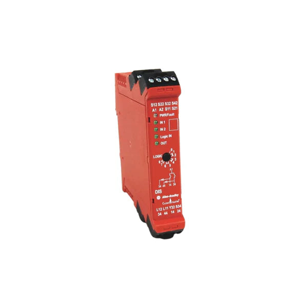 Allen-Bradley 440R-D22S2 MSR127R safety relay, 24V DC, dual-channel, 3NO/1NC outputs, DIN rail mount.