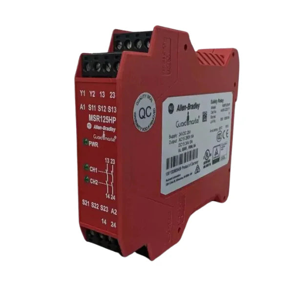 Allen-Bradley 440R-D23171 MSR138DP safety relay, 24V DC, 3 N.O., 1 N.C., dual-channel, DIN rail mount.