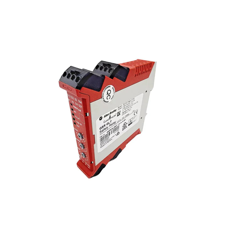 Allen-Bradley 440R-DG2R2T safety relay, dual-channel, 24V DC, 2 N.O. safety outputs, 1 N.C. monitoring, DIN rail mount.