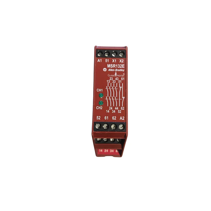Allen-Bradley 440R-E23191 MSR127TP safety relay, 24V AC/DC, 3 N.O., 1 N.C., dual channel, delayable, DIN mount
