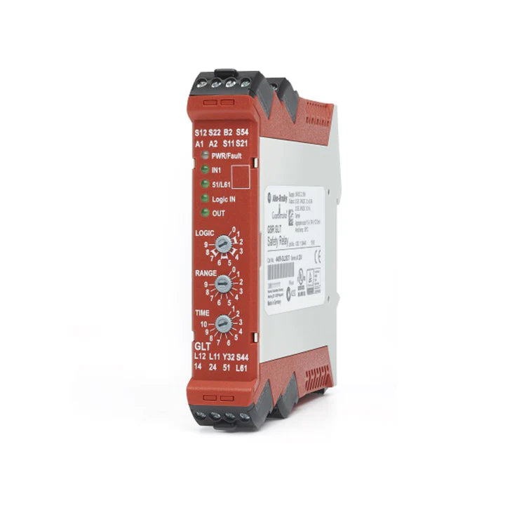 Allen-Bradley 440R-GL2S2T safety relay, 24V DC, dual-channel, time-delayed outputs, removable terminals.