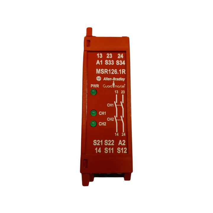 Allen-Bradley 440R-N23120 MSR127TP safety relay, 24V AC/DC, 3 N.O. + 1 N.C., dual-channel, screw terminals