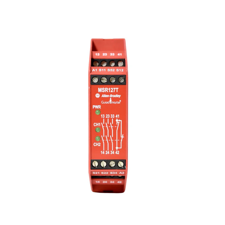 Allen-Bradley 440R-N23125 safety relay, MSR127TP, 24V AC/DC, 3 N/O + 1 N/C, dual-channel input, DIN mount