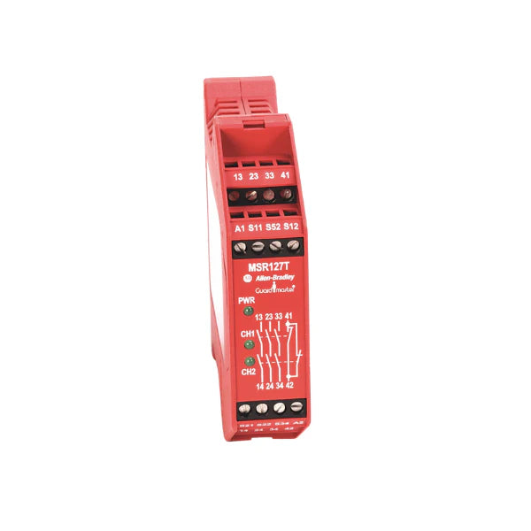 Allen-Bradley 440R-N23135 MSR127TP safety relay, 24V DC, 3 N.O., 1 N.C., dual-channel, DIN rail mount.