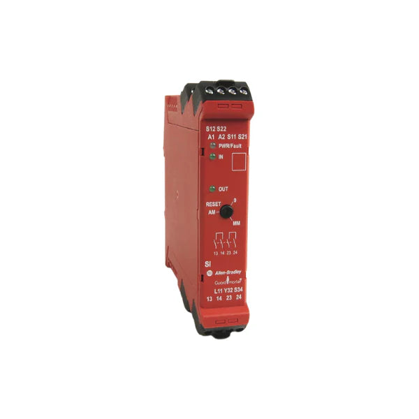 Allen-Bradley 440R-S12R2 Minotaur safety relay, 24V AC/DC, 2 N.O. safety outputs and 1 N.C. auxiliary for machine guarding.