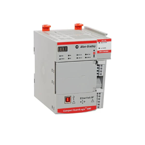 CompactLogix 5380 safety controller, 2MB memory, dual EtherNet/IP, DIN rail mount.