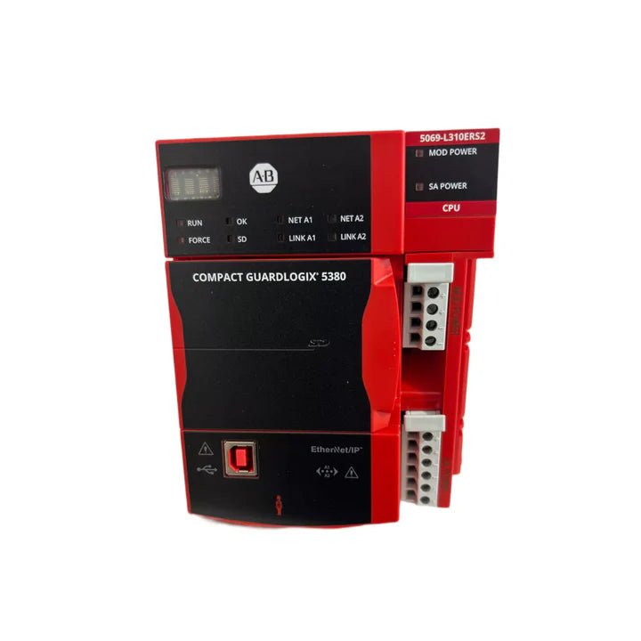 Allen-Bradley 5069-L310ERS2 safety controller, 1 MB, dual Ethernet, 16 axes, CompactLogix 5380, SIL2/PLd certified.
