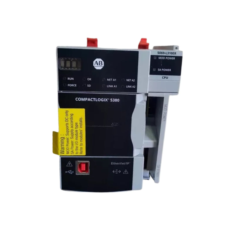 Allen-Bradley 5069-L310ER CompactLogix 5380 controller, 1 MB memory, dual Ethernet ports, DIN rail mount, high-performance industrial automation controller.