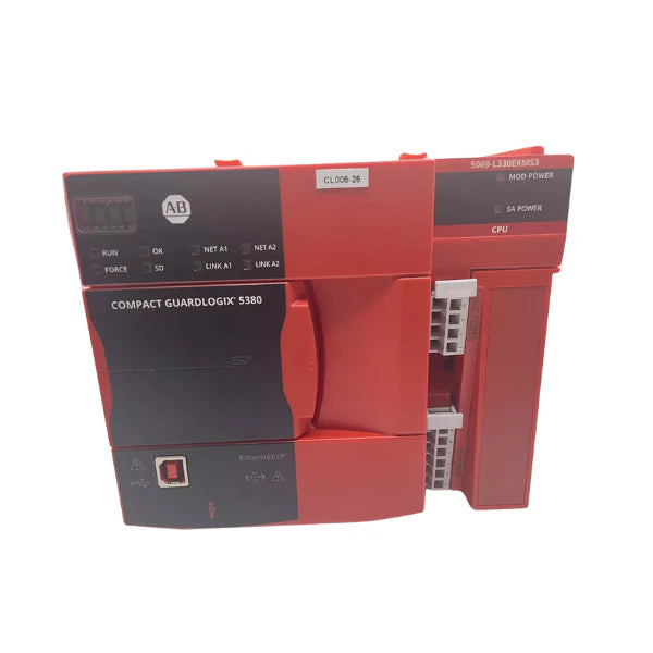 Allen-Bradley 5069-L320ERMS3 safety controller, CompactLogix 5380, 2MB user, 1MB safety memory, dual Ethernet, SIL 3