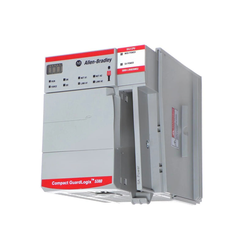 Allen-Bradley 5069-L380ERMS2 GuardLogix 5380 safety controller with 10MB + 5MB memory, dual Ethernet, SIL 3/PLe certified for compact automation systems.
