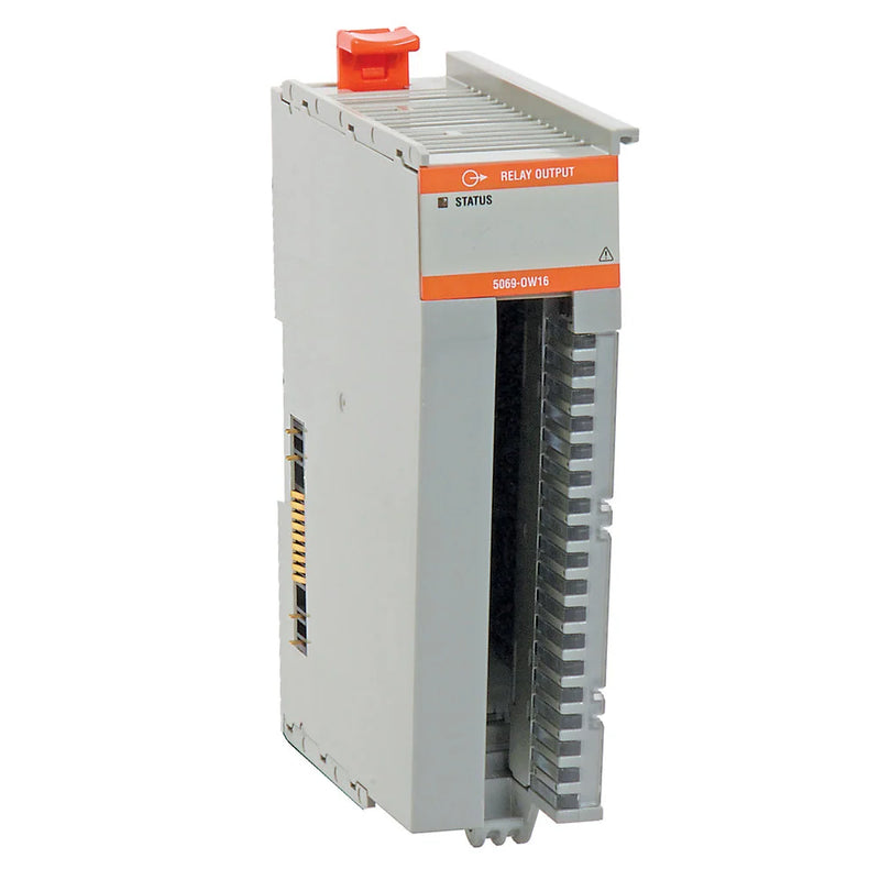 Allen-Bradley 5069-OW16 output module, 16-point relay, 24V DC / 120-240V AC, CompactLogix I/O, DIN rail, industrial-grade switching.