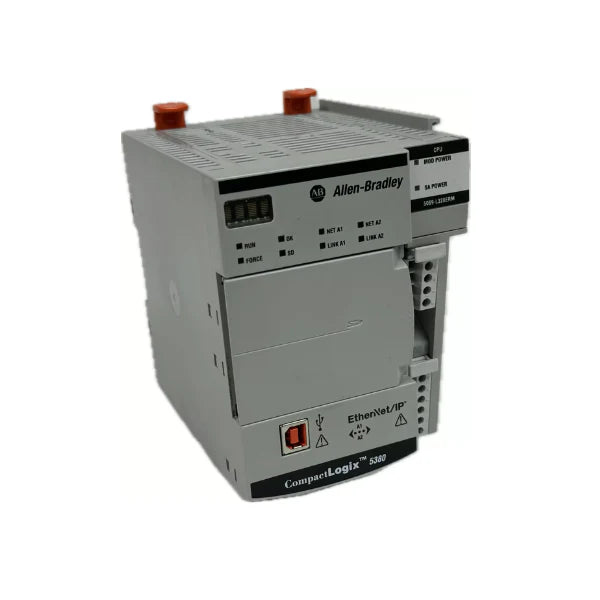Allen-Bradley 5069-L320ERM CompactLogix controller, 2 MB, dual Ethernet, motion control up to 32 axes, DIN rail mount.