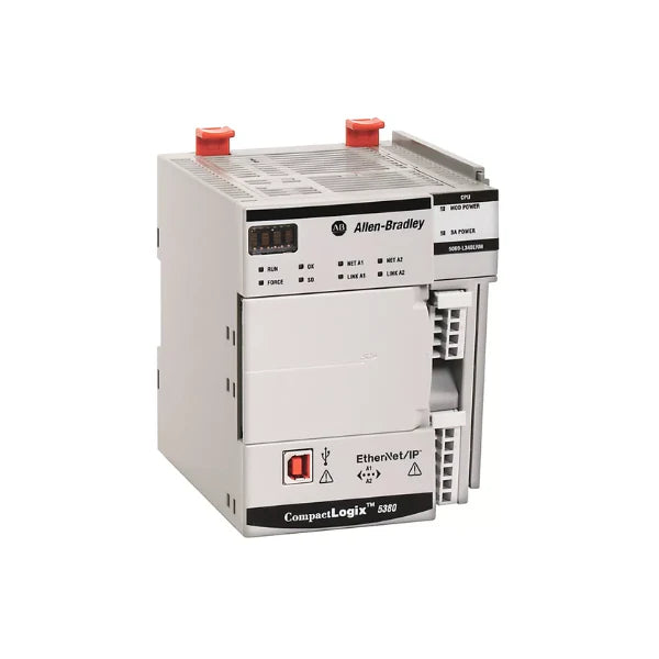 CompactLogix 5380 controller with 3 MB user memory, dual Gb Ethernet ports, USB port, and IP20 enclosure.