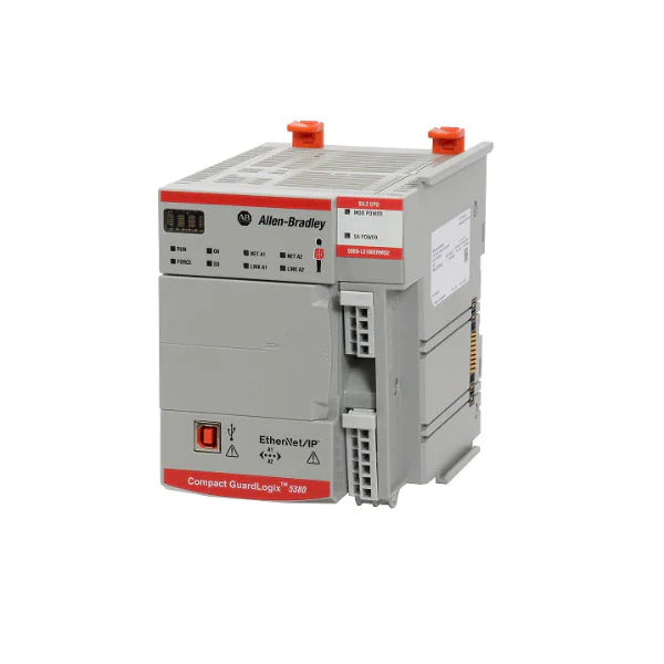 Compact GuardLogix 5380 SIL2 safety controller, 3.0MB standard and 1.5MB safety memory, DIN rail mount.