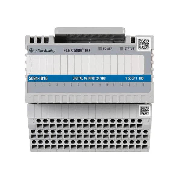 Allen-Bradley 5094-IB16 FLEX 5000 digital input module, 16-point sinking, 24V DC, IP20 open-style, with diagnostics and RIUP support.