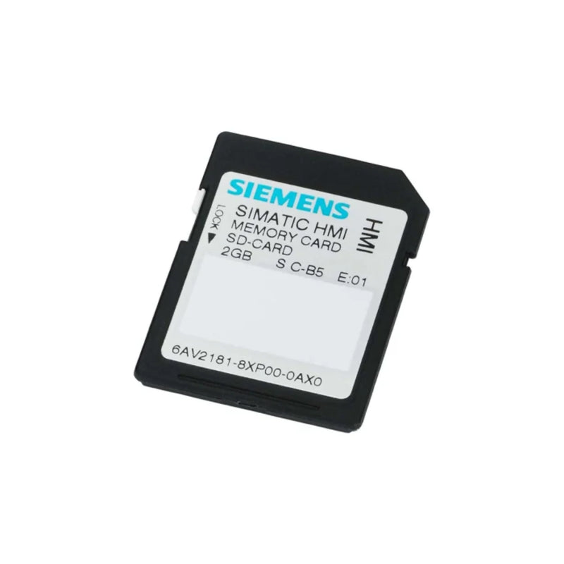 Siemens SIMATIC SD memory card 2 GB (6AV2181-8XP00-0AX0) for HMI Comfort Panels and PCs, featuring wear leveling and broad OS compatibility.