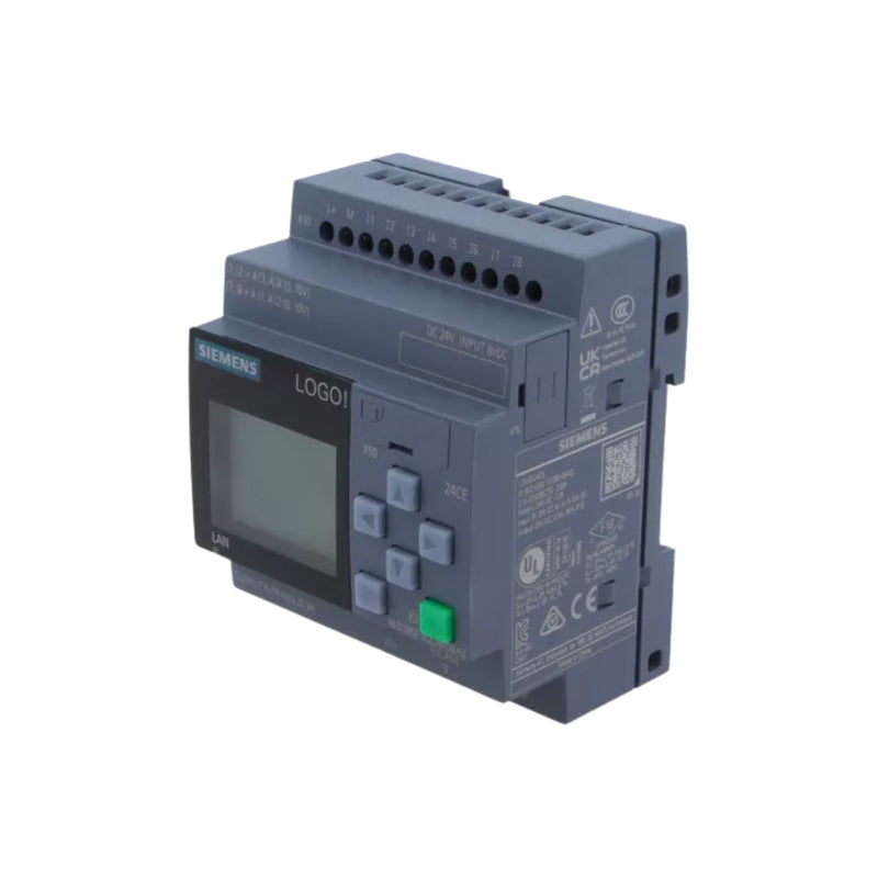 Siemens LOGO! 24CE logic module 6ED1052-1CC08-0BA2, 8 digital inputs (4 analog), 4 transistor outputs, 24V DC, Ethernet, display, modular expansion.