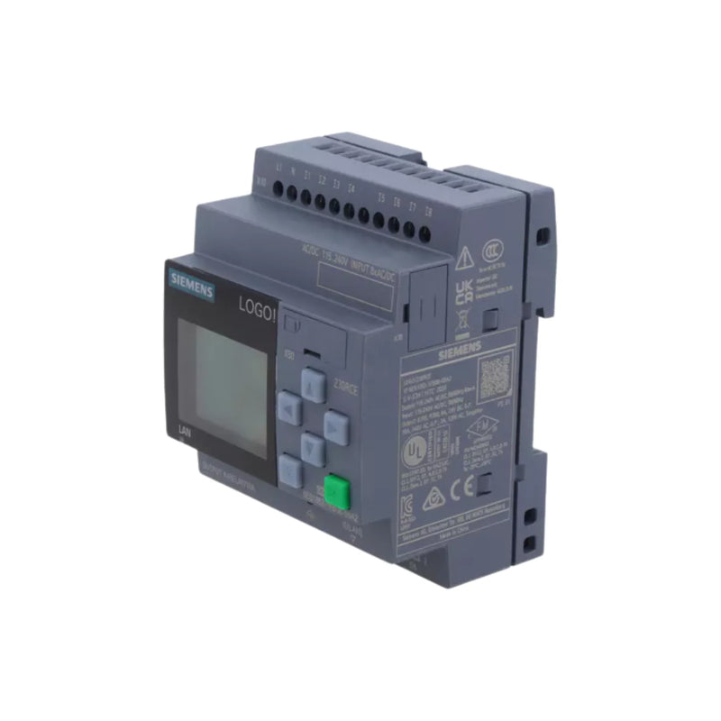 Siemens LOGO! 230RCE logic module 6ED1052-1FB08-0BA2, 8 digital inputs, 4 relay outputs, 115–230V AC/DC, Ethernet, display, modular expansion.