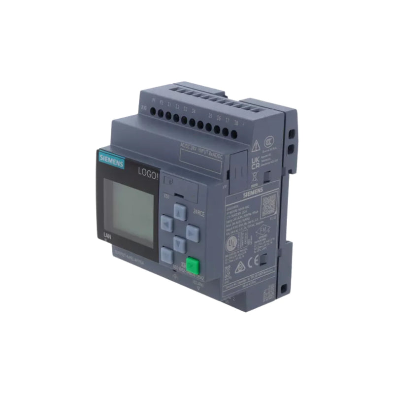 Siemens LOGO! 24RCE logic module 6ED1052-1HB08-0BA2, 8 digital inputs, 4 relay outputs, 24V AC/DC, Ethernet, display, modular expansion.