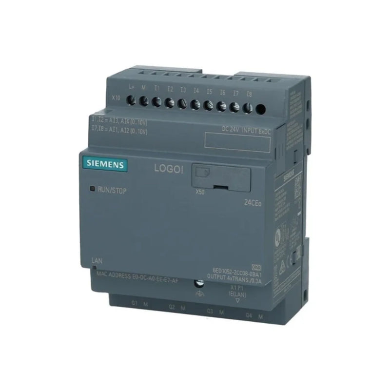 Siemens 6ED1052-2CC08-0BA1 LOGO! CMK200 communication module, 2x RS232 ASCII ports, 24V DC, for LOGO! 8 PLCs, DIN rail mount, compact design.