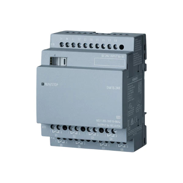 Siemens 6ED1055-1NB10-0BA2 LOGO! expansion module with 8 digital inputs and 8 relay outputs for automation.