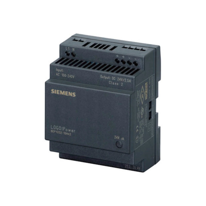Siemens 6EP1331-1SH02 SITOP PSU100C power supply, 24V DC / 0.6A, 15W, compact DIN rail unit, IP20, for control panels and industrial automation systems.