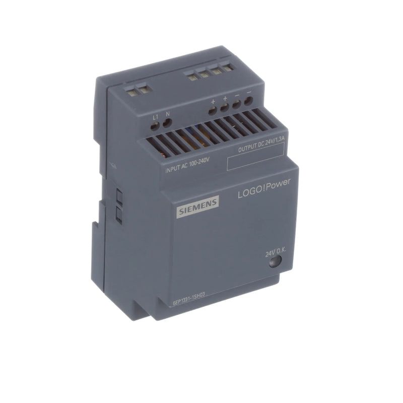 Siemens SITOP PSU100S power supply 6EP1331-1SH03, 24V DC, 2.5A, 60W, single-phase, DIN rail, screw terminal. Ideal for industrial automation.