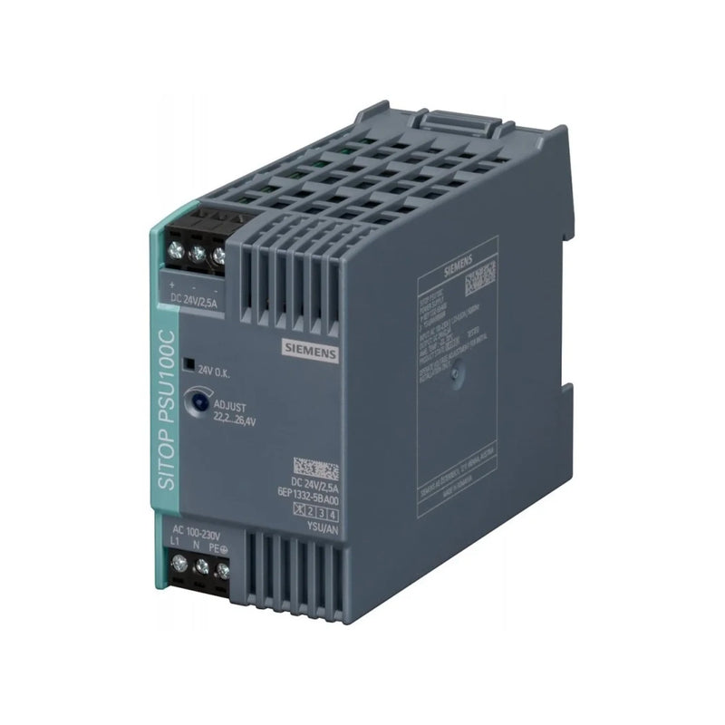 Siemens 6EP1332-5BA00 SITOP PSU100C power supply, 24V DC, 2.5A, 60W, compact single-phase DIN rail unit, IP20, for industrial automation systems.