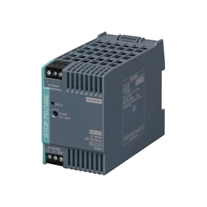 Siemens 6EP1332-5BA10 SITOP PSU100C 24V DC, 2.5A, 60W compact DIN rail power supply for industrial automation and control panels.