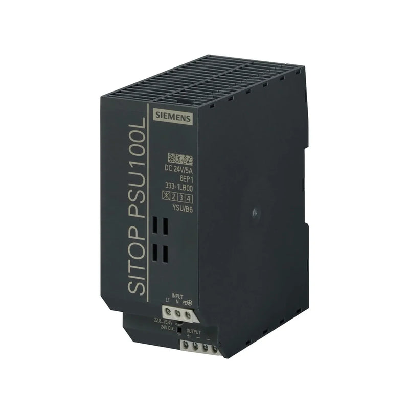 Siemens 6EP1333-1LB00 SITOP PSU100L 24V DC / 5A stabilized power supply, DIN rail mount, compact design for industrial automation.