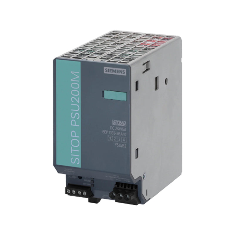 Siemens 6EP1333-3BA00 SITOP PSU100S power supply, 24V DC, 5A, 120W, single-phase, DIN rail, IP20, compact SMPS for industrial control systems.