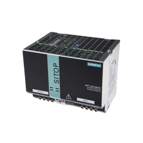 Siemens 6EP1436-3BA00 SITOP PSU300M power supply, 24V DC, 20A, 3-phase input, DIN rail, stabilized output.