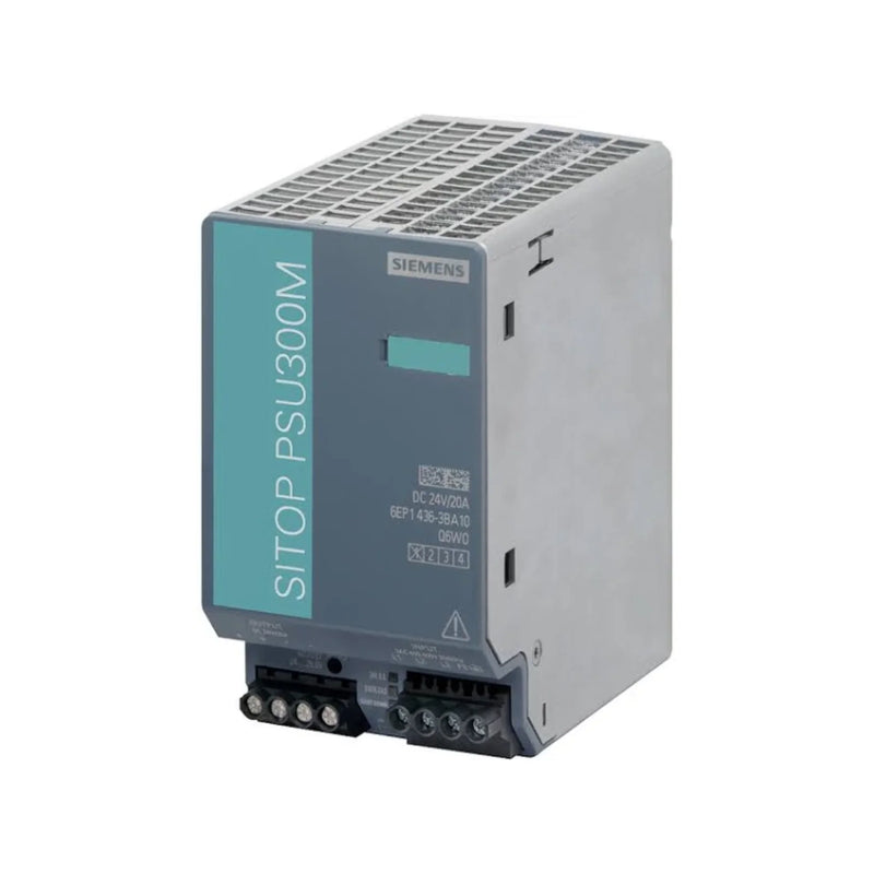 Siemens 6EP1436-3BA10 SITOP PSU8200 power supply, 24V DC, 20A, 480W, DIN rail mount, compact and efficient for industrial control systems.